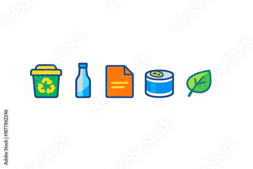 Recycling symbols: trash bin, bottle, paper, can, and leaf