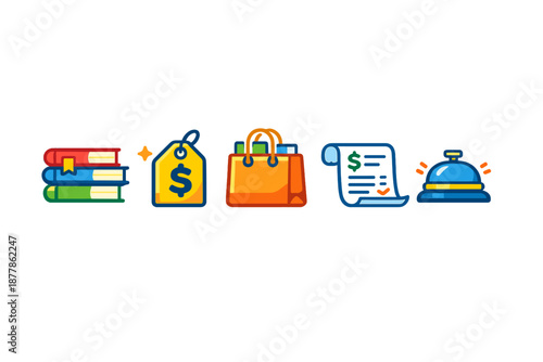 Collection of business and shopping icons with glowing effects