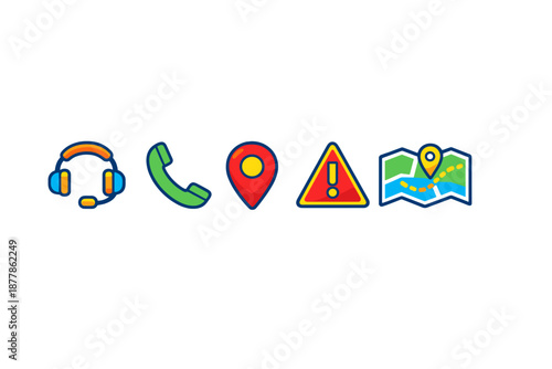 Set of five modern flat icons on a dark background