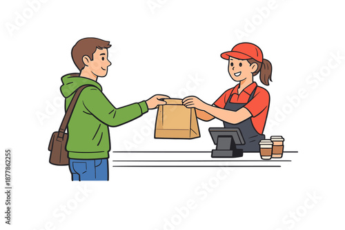 Customer receives a takeout bag from a cashier at a counter