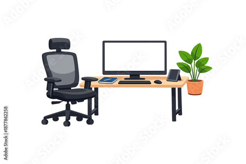 Modern office desk setup with chair and plant