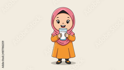 Cartoon girl in hijab holding cup