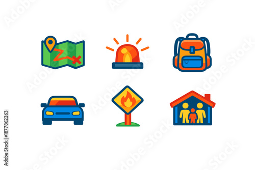 Emergency preparedness icons set: map, siren, backpack, car, fire