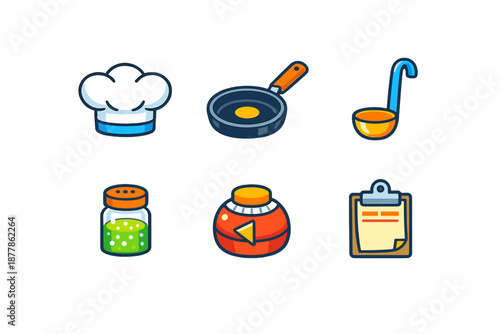 Collection of kitchen utensils and food icons
