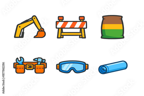 Construction icons: excavator, barrier, bag, tools, goggles, roll