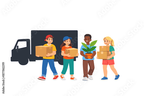 People loading boxes and plant near a delivery truck