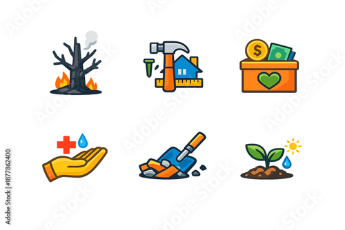 Set of Icons Representing Aid, Building, and Growth