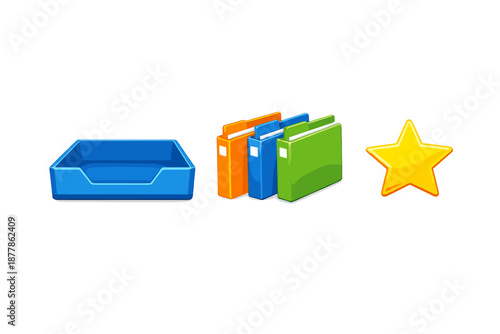 Digital icons: inbox tray, folders, and star on a gradient background