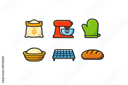 Baking ingredients and equipment icons set