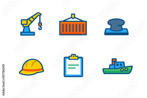 Set of industrial and maritime icons with neon glow effect