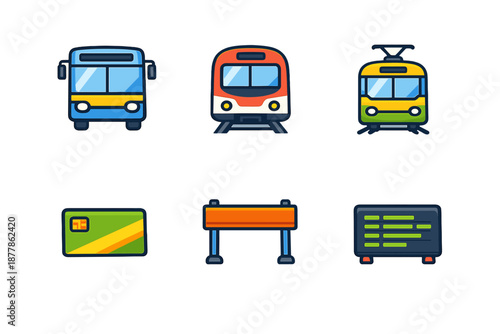 Public Transport Icons Set: Bus, Train, Tram, Card, Sign, Schedule