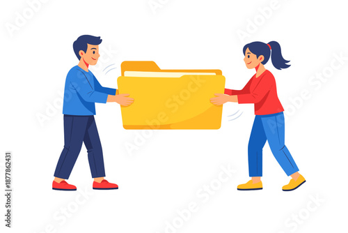 Two people exchanging a glowing folder of documents