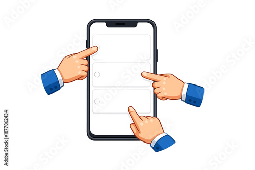 Multiple hands selecting options on a smartphone screen