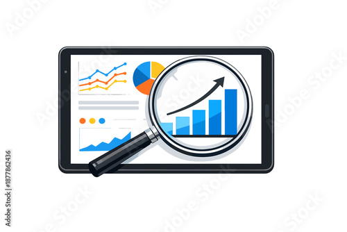 Tablet showing financial charts and magnifying glass over bar graph
