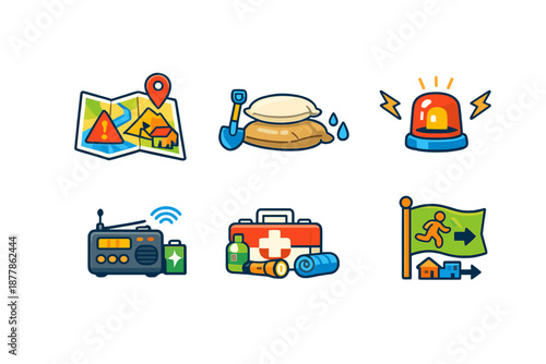 Disaster preparedness icons: map, sandbag, siren, radio, first aid