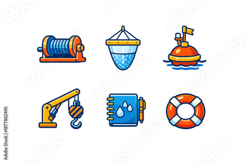 Marine equipment icons: winch, net, buoy, crane, notebook, lifebuoy