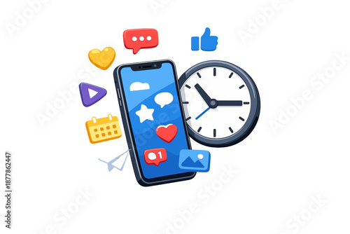 Smartphone with social media icons and clock