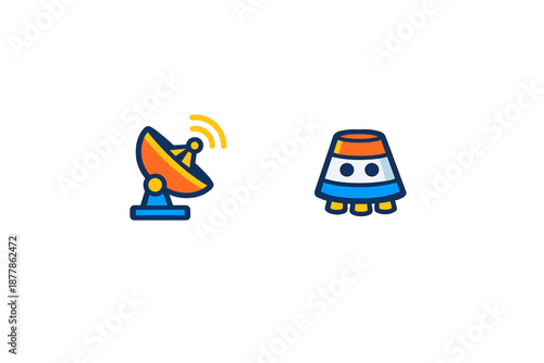Satellite dish and spaceship icons with glowing effect