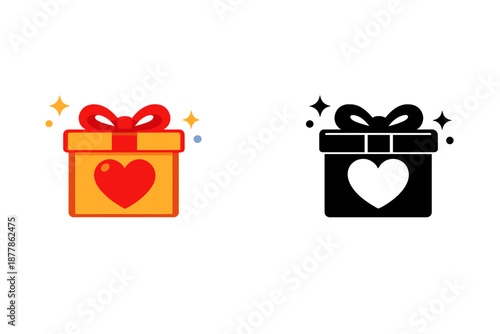 Gift box with heart and sparkles, bright and shadowed versions