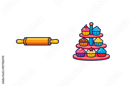 Cartoon rolling pin and cupcake stand with cupcakes