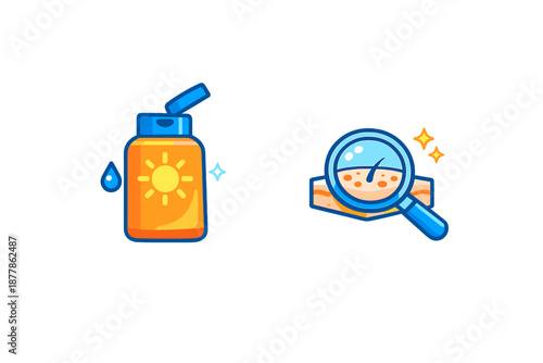 Sunscreen and skin analysis icons with glowing effect