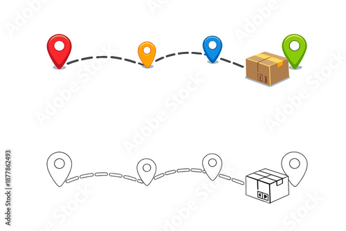 Delivery route with colored pins and package