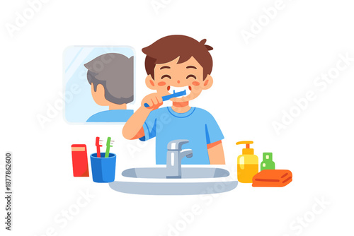Boy brushing teeth in bathroom in front of mirror
