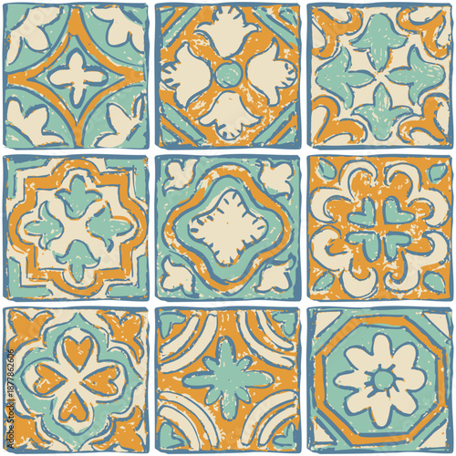 Seamless vintage tile pattern in turquoise and orange colors. Hand drawn Mediterranean ornament with rustic geometric style. Vector illustration.