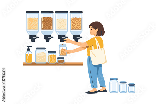 Woman filling jar with bulk food at zero-waste store