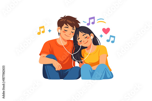 Couple listening to music together with headphones