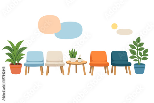 Waiting room with chairs, plants, and a small table with coffee