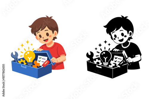 Child opening toolbox with light bulb symbolizing idea