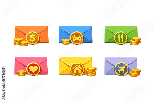 Envelopes with Icons and Coins: Finance, Travel, Food, Home, Love, Car