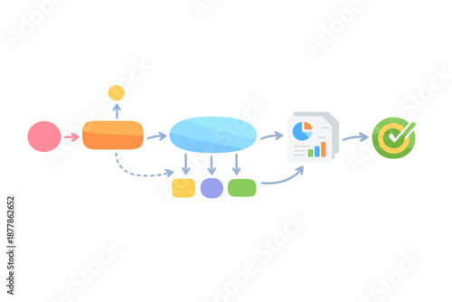 Workflow diagram with colorful icons and glowing effects