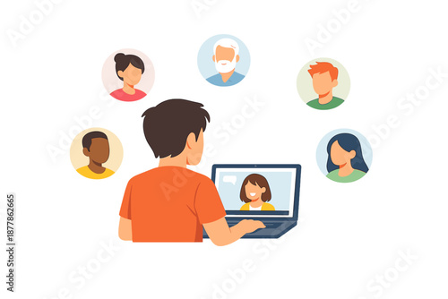 Man participating in a video call with multiple people