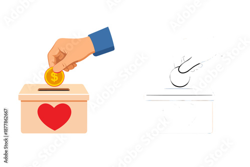 Donation box with hand and coin, graphic illustration
