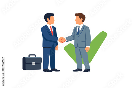 Two businessmen shaking hands with a green checkmark behind them