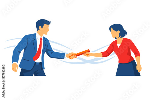 Business partners passing a baton, symbolizing teamwork and success
