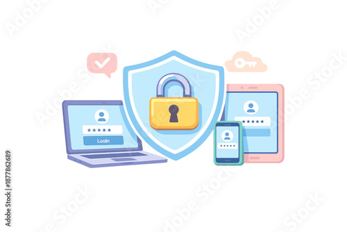 Digital security concept with lock and devices