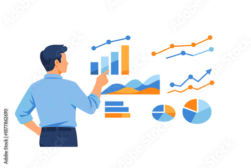 Man pointing at glowing financial data and charts on a digital screen