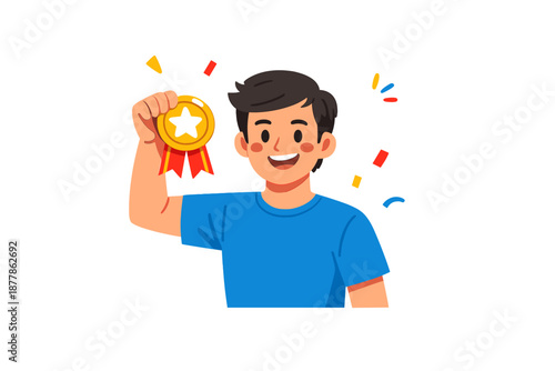 Happy person holding a gold medal with confetti