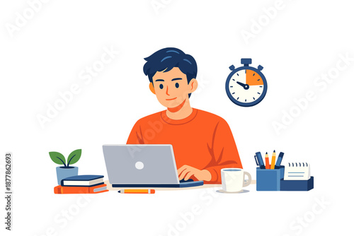 Man working on laptop with timer and office supplies