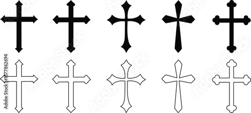 Christian Cross Icon Set Collection in Black and Outline Style Vector