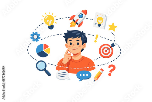 Young man thinking amidst ideas and symbols