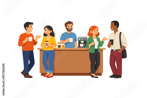 Diverse colleagues chatting in a breakroom with coffee