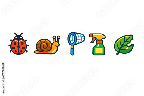 Cute stylized icons of garden insects and tools