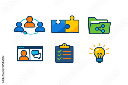 Teamwork, ideas, collaboration, and planning icons with glowing