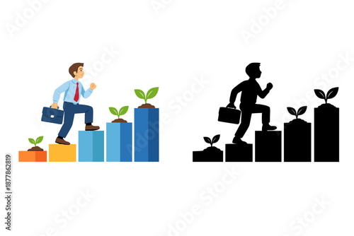 Businessman climbing stairs with growing plants