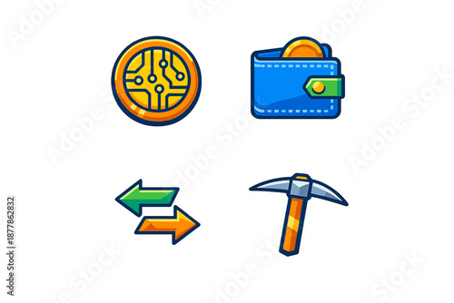 Cryptocurrency icons: wallet, circuit, exchange, mining pickaxe