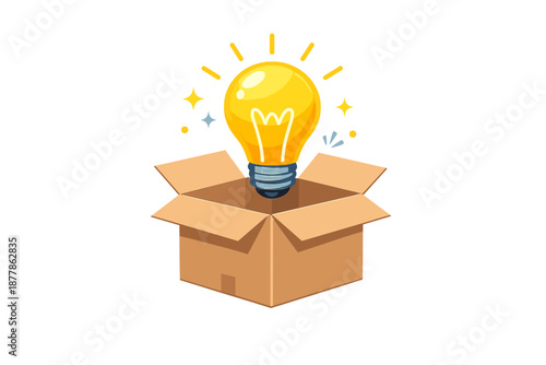 Lightbulb idea emerging from a cardboard box